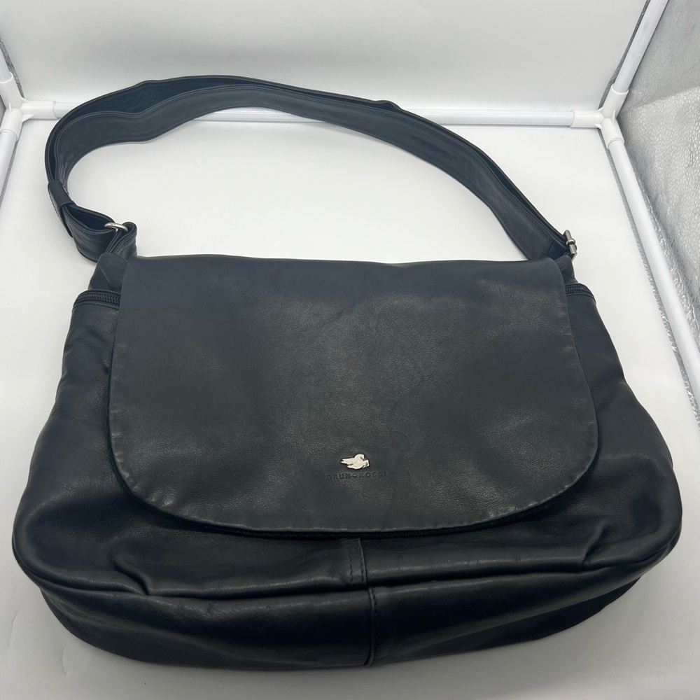 BRUNO ROSSI Black Leather Silver Tone Messenger Crossbody Bag Unisex